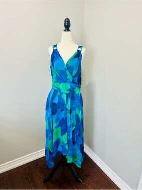 Dkny Blue & Green Abstract Print Sleeveless Midi Dress